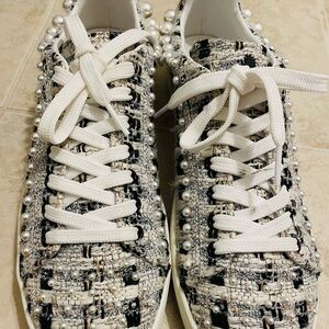 Stuart Weitzman Black and White Tweed Pearl Sneakers